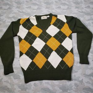 Vintage Barclay Sweater‎ Mens Large Green Argyle Print V Neck Preppy